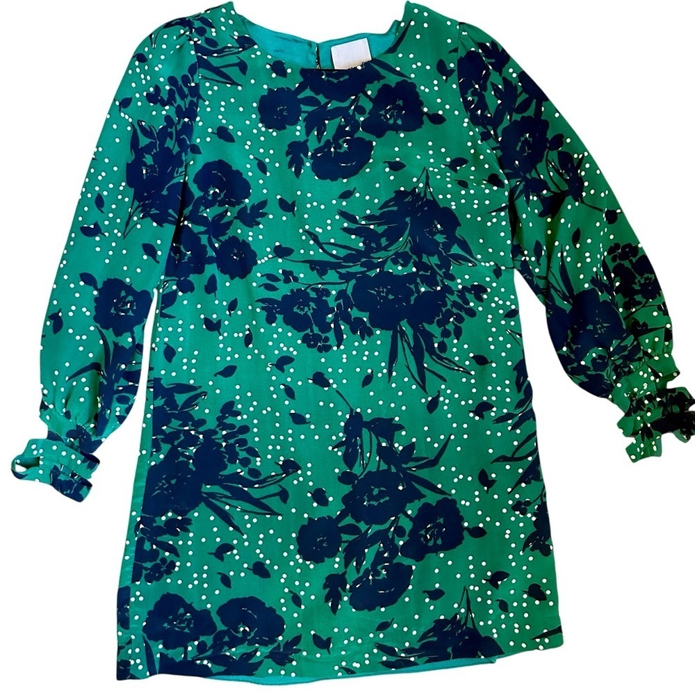 Aryn K Silk Dress Size M Green Navy Floral Dot Print  lattice zip cuff
A207